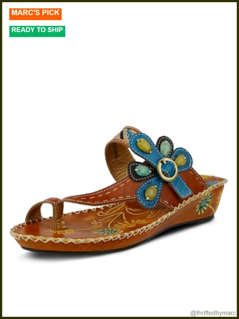 Leather Toe Ring Wedge Sandals with Adjustable Buckle, Hand Painted Floral,